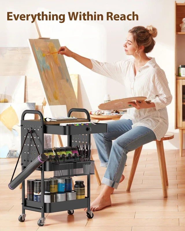 Alt view image 7 of 7 - 3 Tier Metal Rolling Cart with Drawer,Wood Top,Pegboards,Black Storage Utility Cart with Drawers,Pegboards,Lockable Wheels,Baskets,Hooks for Kitchen,Office,Bedroom,DIY Supplies