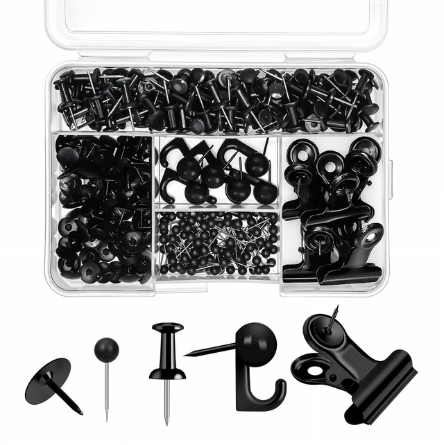 Main image of 310 Pcs Black Push Pins Set, 5 Styles for Cork Board, Office, Home Plastic Heads, Steel Points, Includes Clips And Hooks, Storage Box, For Notes, Photos, Maps, And Calendars