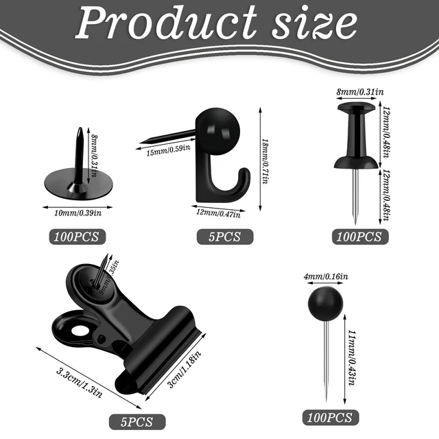 Alt view image 2 of 7 - 310 Pcs Black Push Pins Set, 5 Styles for Cork Board, Office, Home Plastic Heads, Steel Points, Includes Clips And Hooks, Storage Box, For Notes, Photos, Maps, And Calendars