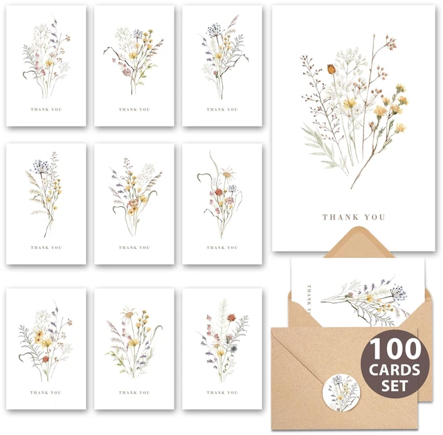 Main image of Wildflower Thank You Cards with Envelopes (100 pack 4x6) - Floral Thank You Cards with Adhesive Envelope & Matching Stickers - Gifts for Birthday, Wedding, Bridal Showers, Baby Showers