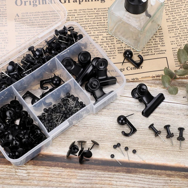 Alt view image 4 of 7 - 310 Pcs Black Push Pins Set, 5 Styles for Cork Board, Office, Home Plastic Heads, Steel Points, Includes Clips And Hooks, Storage Box, For Notes, Photos, Maps, And Calendars