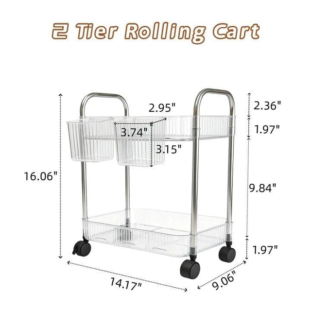 Alt view image 3 of 7 - 2 Tier Utility Rolling Cart with Wheels Sofa Side Table Small Under Desk Storage Organizer, Clear Acrylic Plastic Mobile Trolley Organization Storage Cart for Kitchen Pantry Bathroom Vanity