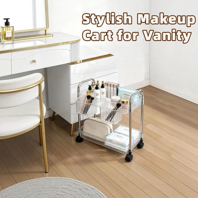 Alt view image 2 of 7 - 2 Tier Utility Rolling Cart with Wheels Sofa Side Table Small Under Desk Storage Organizer, Clear Acrylic Plastic Mobile Trolley Organization Storage Cart for Kitchen Pantry Bathroom Vanity