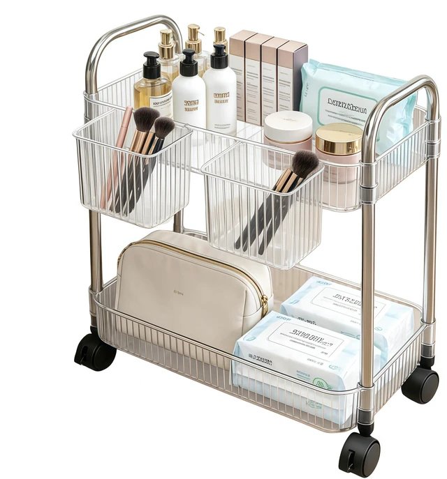 Main image of 2 Tier Utility Rolling Cart with Wheels Sofa Side Table Small Under Desk Storage Organizer, Clear Acrylic Plastic Mobile Trolley Organization Storage Cart for Kitchen Pantry Bathroom Vanity