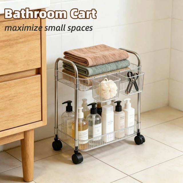 Alt view image 6 of 7 - 2 Tier Utility Rolling Cart with Wheels Sofa Side Table Small Under Desk Storage Organizer, Clear Acrylic Plastic Mobile Trolley Organization Storage Cart for Kitchen Pantry Bathroom Vanity