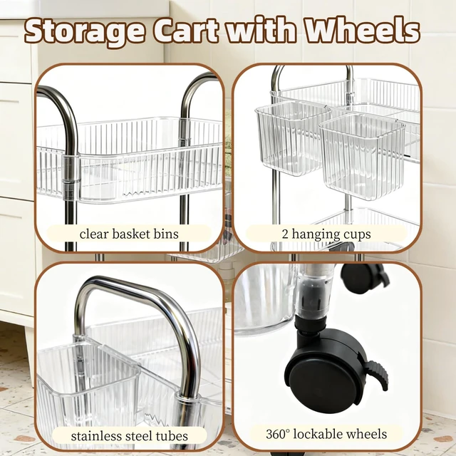 Alt view image 5 of 7 - 2 Tier Utility Rolling Cart with Wheels Sofa Side Table Small Under Desk Storage Organizer, Clear Acrylic Plastic Mobile Trolley Organization Storage Cart for Kitchen Pantry Bathroom Vanity