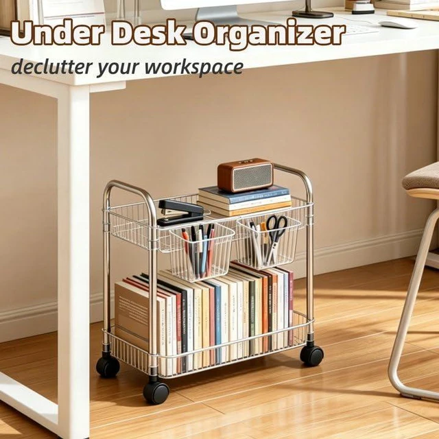 Alt view image 7 of 7 - 2 Tier Utility Rolling Cart with Wheels Sofa Side Table Small Under Desk Storage Organizer, Clear Acrylic Plastic Mobile Trolley Organization Storage Cart for Kitchen Pantry Bathroom Vanity