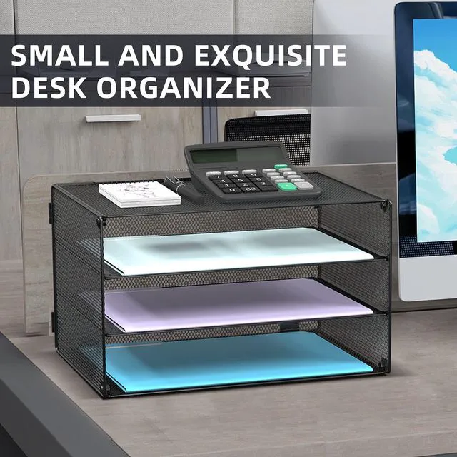 Alt view image 3 of 6 - 3 Tier Letter Tray Paper Organizer with Sliding Trays Black 2 Pack Metal Mesh File Organizer with Sliding Trays for Letter and A4 Paper, Mail, Bills, Folders and Office Documents 2 Pack