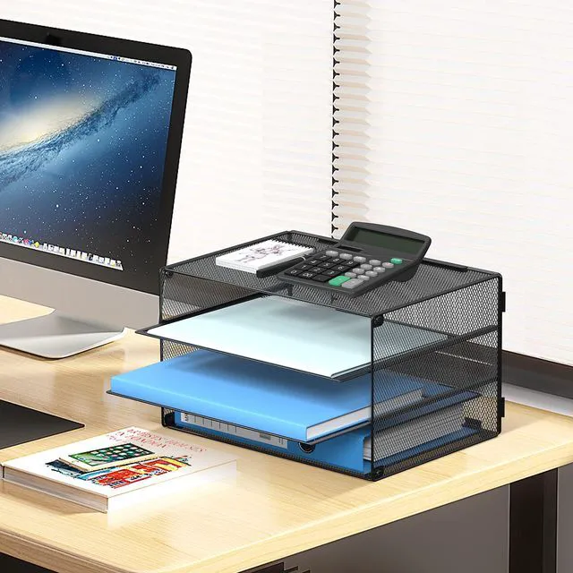 Alt view image 5 of 6 - 3 Tier Letter Tray Paper Organizer with Sliding Trays Black 2 Pack Metal Mesh File Organizer with Sliding Trays for Letter and A4 Paper, Mail, Bills, Folders and Office Documents 2 Pack