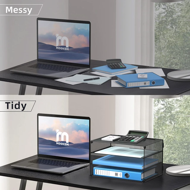 Alt view image 6 of 6 - 3 Tier Letter Tray Paper Organizer with Sliding Trays Black 2 Pack Metal Mesh File Organizer with Sliding Trays for Letter and A4 Paper, Mail, Bills, Folders and Office Documents 2 Pack