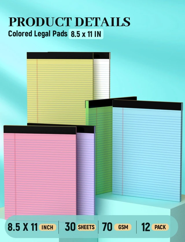 Alt view image 2 of 7 - 12 Pack Legal Pads 8.5 x 11 College Ruled, 30 Sheets Per Colored Note Pads Perforated Lined Paper Pads 8.5x11, Writing Pads with Sturdy Backing, Legal Pads for School, Office, Home