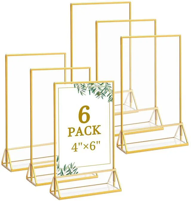 Main image of 6 Pack 4x6 Inch Clear Acrylic Sign Holders, Double-Sided Gold Display Stand Picture Frames for Table Numbers, Menus, Flyers, Weddings, and Offices