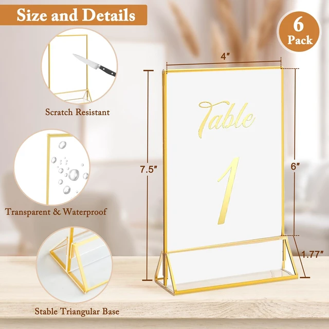 Alt view image 2 of 5 - 6 Pack 4x6 Inch Clear Acrylic Sign Holders, Double-Sided Gold Display Stand Picture Frames for Table Numbers, Menus, Flyers, Weddings, and Offices