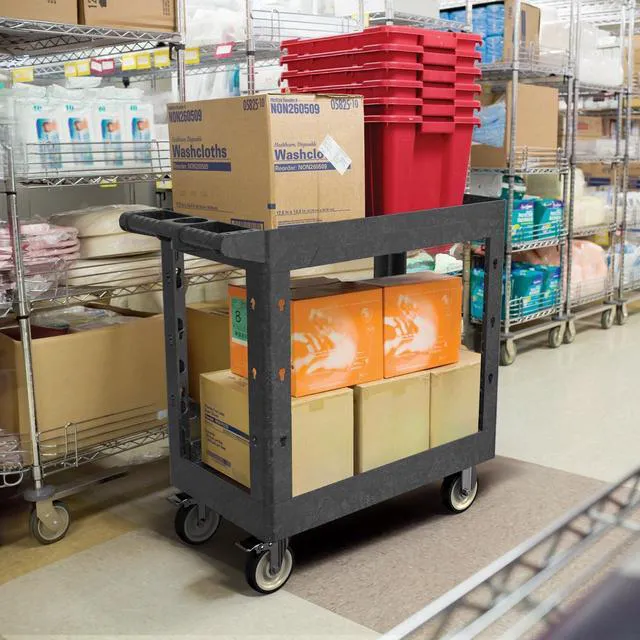 Alt view image 2 of 7 - Plastic Utility Cart on Wheels, 34 x 17 Inch Rolling Service Cart-Black 2 Shelf Work Carts, 500 lbs Capacity Heavy Duty Tool Cart W/Tub Storage & Deep Shelve, for Warehouse, Garage, Cleaning