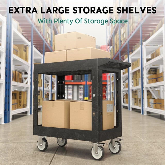 Alt view image 6 of 7 - Plastic Utility Cart on Wheels, 34 x 17 Inch Rolling Service Cart-Black 2 Shelf Work Carts, 500 lbs Capacity Heavy Duty Tool Cart W/Tub Storage & Deep Shelve, for Warehouse, Garage, Cleaning