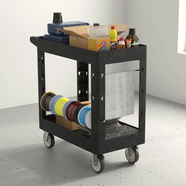 Alt view image 7 of 7 - Plastic Utility Cart on Wheels, 34 x 17 Inch Rolling Service Cart-Black 2 Shelf Work Carts, 500 lbs Capacity Heavy Duty Tool Cart W/Tub Storage & Deep Shelve, for Warehouse, Garage, Cleaning
