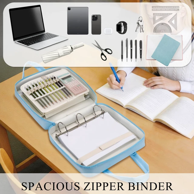 Alt view image 7 of 7 - Upgraded Zipper Binder | 3-Inch & 2-Inch O-Rings, 600 Sheet Capacity Trapper Keeper with 13 Inch Laptop Sleeve & Water Bottle Holder, Binder Bag with Multi-Pockets & Shoulder Strap (Blue)