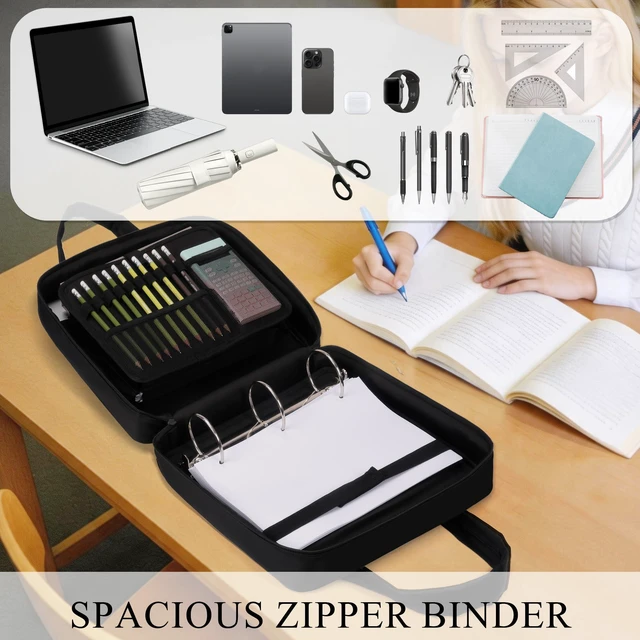 Alt view image 7 of 7 - Upgraded Zipper Binder | 3-Inch & 2-Inch O-Rings, 600 Sheet Capacity Trapper Keeper with 13 Inch Laptop Sleeve & Water Bottle Holder, Binder Bag with Multi-Pockets & Shoulder Strap (Black)