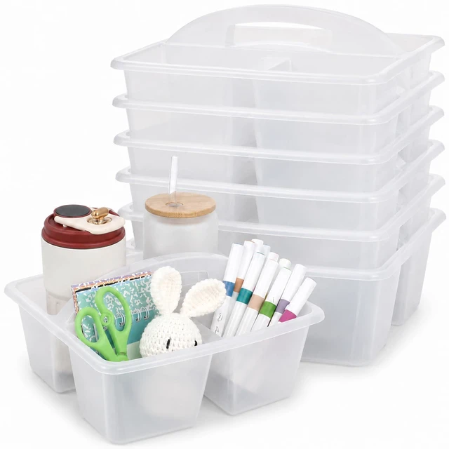 Main image of 6 Pack Plastic Classroom Organizer Caddy with Handle, Clear 3 Compartment, Portable Supply Storage Caddy, Craft Art Caddies for Pencil, Crayon, Marker, Home, Office, School Supplies
