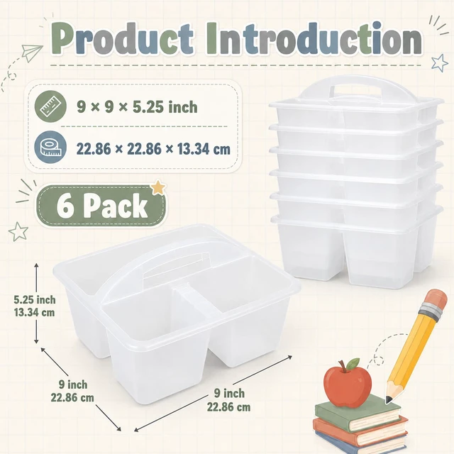 Alt view image 2 of 7 - 6 Pack Plastic Classroom Organizer Caddy with Handle, Clear 3 Compartment, Portable Supply Storage Caddy, Craft Art Caddies for Pencil, Crayon, Marker, Home, Office, School Supplies