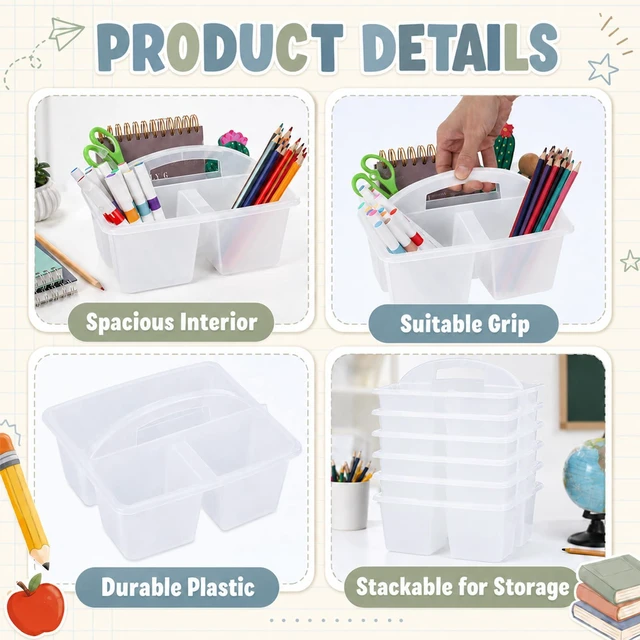 Alt view image 3 of 7 - 6 Pack Plastic Classroom Organizer Caddy with Handle, Clear 3 Compartment, Portable Supply Storage Caddy, Craft Art Caddies for Pencil, Crayon, Marker, Home, Office, School Supplies