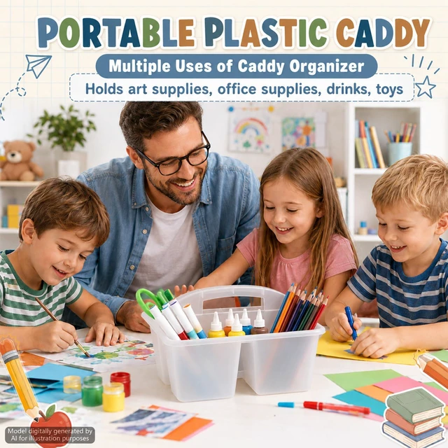 Alt view image 5 of 7 - 6 Pack Plastic Classroom Organizer Caddy with Handle, Clear 3 Compartment, Portable Supply Storage Caddy, Craft Art Caddies for Pencil, Crayon, Marker, Home, Office, School Supplies