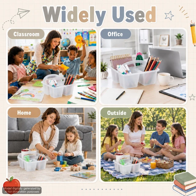Alt view image 6 of 7 - 6 Pack Plastic Classroom Organizer Caddy with Handle, Clear 3 Compartment, Portable Supply Storage Caddy, Craft Art Caddies for Pencil, Crayon, Marker, Home, Office, School Supplies