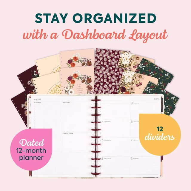 Alt view image 3 of 6 - Happy Planner Disc-Bound Planner July 2026June 2027, Big Size Includes 3 extra months and 2 sticker sheets, 8.5" x 11", Dashboard Layout, Wildflower Whimsy theme