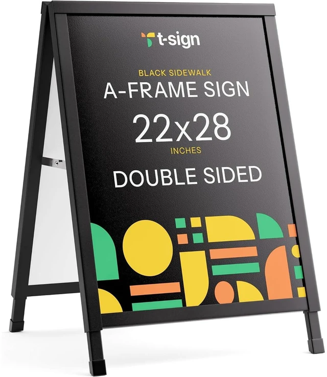 Main image of Outdoor A-Frame Sidewalk Sign 22x28 Inch Sandwich Board, Black Coated Steel Metal Double-Sided, Heavy Duty Slide-in Folding Frame Sign Holder, 2 Corrugated Plastic Poster Boards, Display Stand