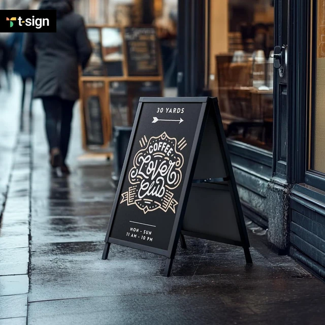 Alt view image 2 of 7 - Outdoor A-Frame Sidewalk Sign 22x28 Inch Sandwich Board, Black Coated Steel Metal Double-Sided, Heavy Duty Slide-in Folding Frame Sign Holder, 2 Corrugated Plastic Poster Boards, Display Stand