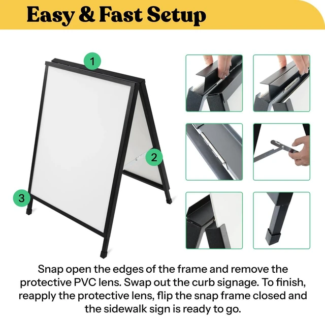 Alt view image 4 of 7 - Outdoor A-Frame Sidewalk Sign 22x28 Inch Sandwich Board, Black Coated Steel Metal Double-Sided, Heavy Duty Slide-in Folding Frame Sign Holder, 2 Corrugated Plastic Poster Boards, Display Stand
