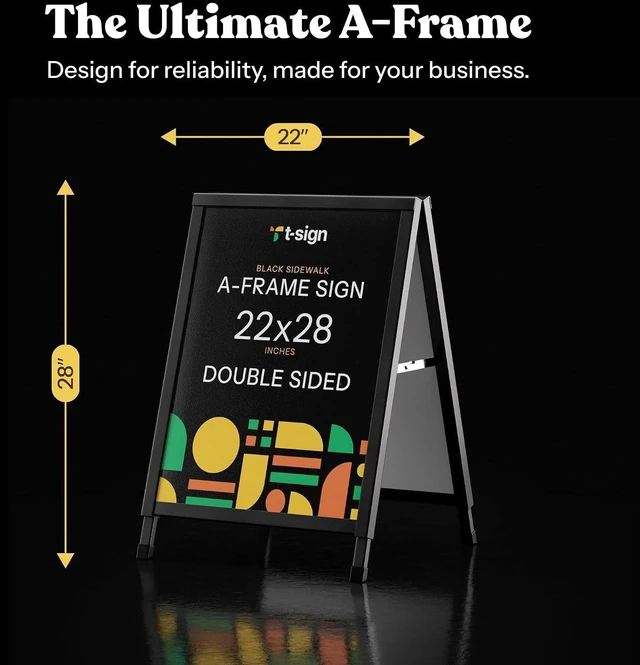 Alt view image 3 of 7 - Outdoor A-Frame Sidewalk Sign 22x28 Inch Sandwich Board, Black Coated Steel Metal Double-Sided, Heavy Duty Slide-in Folding Frame Sign Holder, 2 Corrugated Plastic Poster Boards, Display Stand