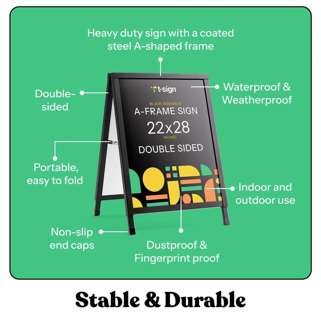 Alt view image 5 of 7 - Outdoor A-Frame Sidewalk Sign 22x28 Inch Sandwich Board, Black Coated Steel Metal Double-Sided, Heavy Duty Slide-in Folding Frame Sign Holder, 2 Corrugated Plastic Poster Boards, Display Stand