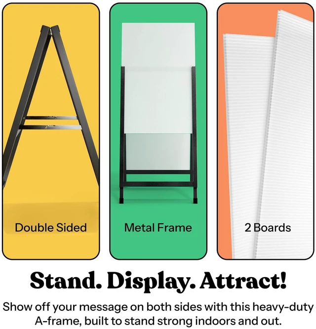 Alt view image 6 of 7 - Outdoor A-Frame Sidewalk Sign 22x28 Inch Sandwich Board, Black Coated Steel Metal Double-Sided, Heavy Duty Slide-in Folding Frame Sign Holder, 2 Corrugated Plastic Poster Boards, Display Stand