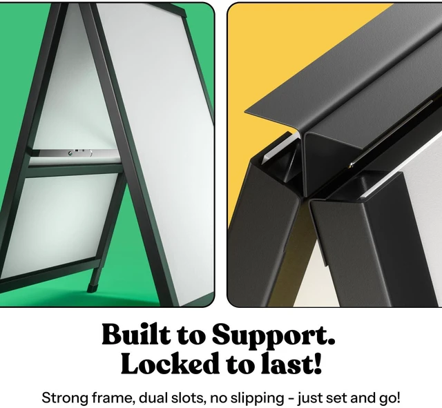 Alt view image 7 of 7 - Outdoor A-Frame Sidewalk Sign 22x28 Inch Sandwich Board, Black Coated Steel Metal Double-Sided, Heavy Duty Slide-in Folding Frame Sign Holder, 2 Corrugated Plastic Poster Boards, Display Stand