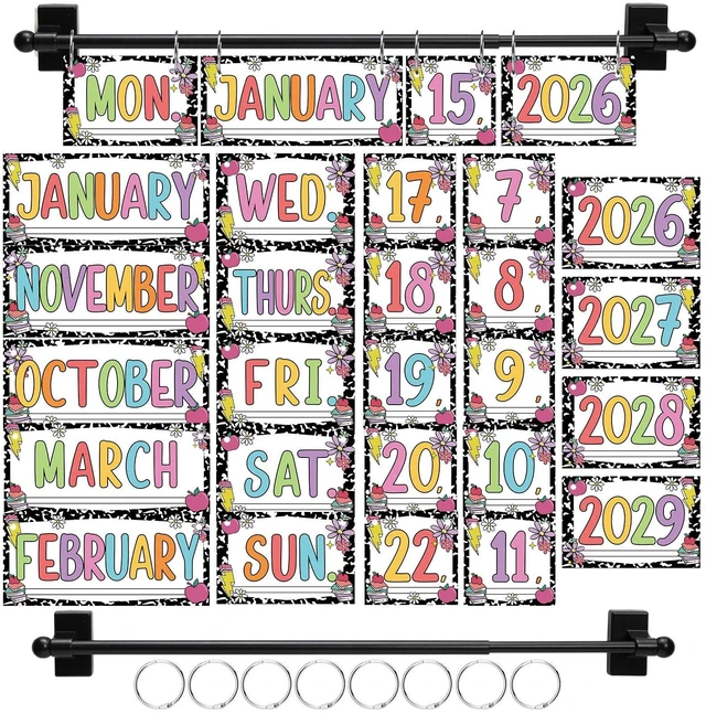 Main image of Black and White Flip Calendar for Classroom Bulletin Board Decor 2026-2029 Year 54 Date Cards,for Preschool Elementary,Teacher Supplies for Back to School,with Adjustable Holder