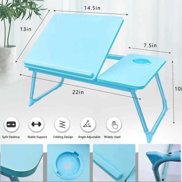 Alt view image 3 of 7 - Laptop Desk for Bed Couch,Lap Desk for Laptop,Portable Laptop Stand for Desk,Small Adjustable Laptop Desk,Foldable Bed Table for Laptops and Writing, Bed Tray Table with Cup Holder(Blue)