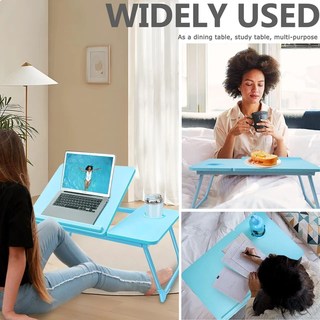 Alt view image 6 of 7 - Laptop Desk for Bed Couch,Lap Desk for Laptop,Portable Laptop Stand for Desk,Small Adjustable Laptop Desk,Foldable Bed Table for Laptops and Writing, Bed Tray Table with Cup Holder(Blue)