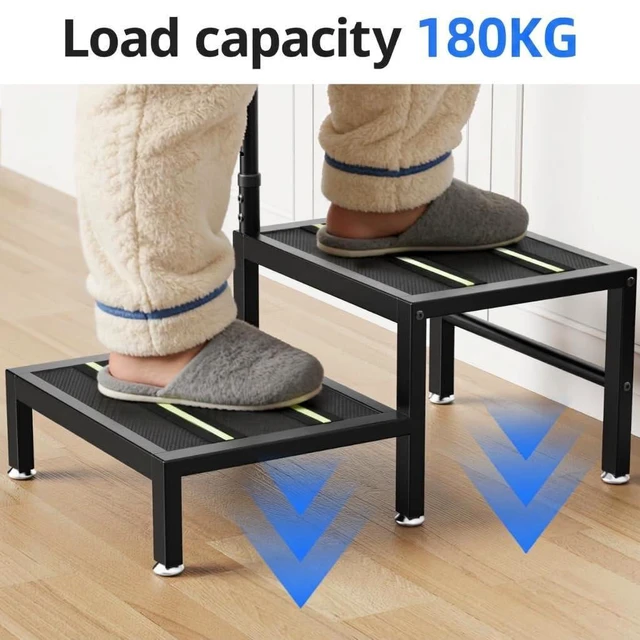 Alt view image 2 of 7 - 2 Step Stool with Handle, Heavy Duty Step Stool for Elderly and Adults, Adjustable Handrail with Non-Slip Platform, Bedside Steps for High Beds, Kitchen and Bathroom