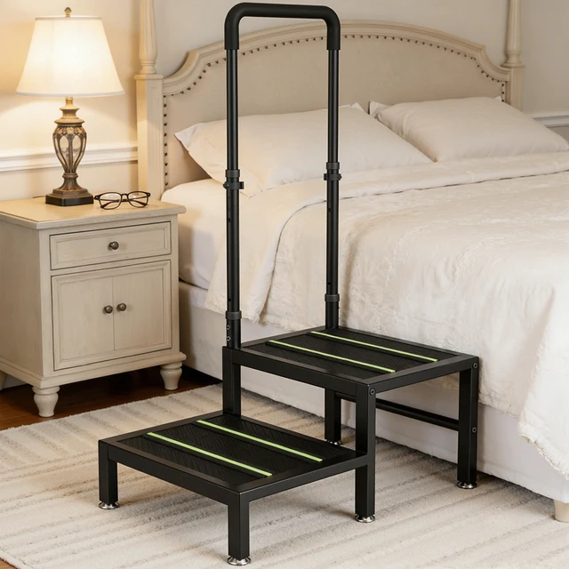 Main image of 2 Step Stool with Handle, Heavy Duty Step Stool for Elderly and Adults, Adjustable Handrail with Non-Slip Platform, Bedside Steps for High Beds, Kitchen and Bathroom