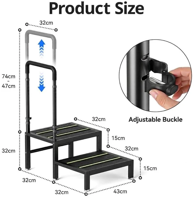 Alt view image 7 of 7 - 2 Step Stool with Handle, Heavy Duty Step Stool for Elderly and Adults, Adjustable Handrail with Non-Slip Platform, Bedside Steps for High Beds, Kitchen and Bathroom