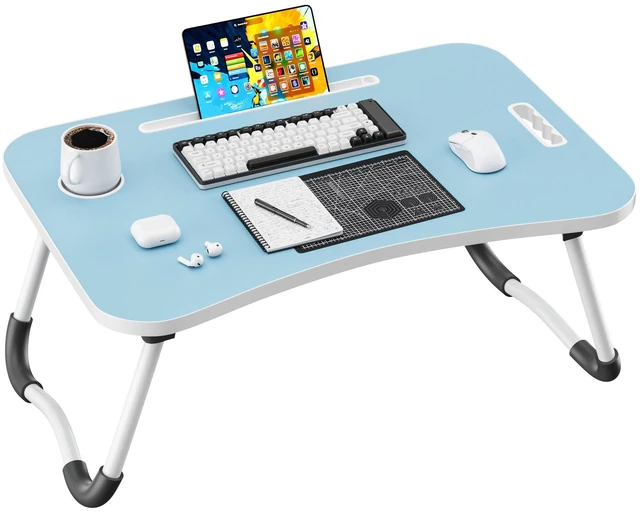 Main image of Folding Lap Desk, 23.6 Inch Wood Laptop Bed Desk with Cup Holder, Portable Bed Table for Working Writing Reading & Eating for Bed, Sofa, Couch, Floor - Blue