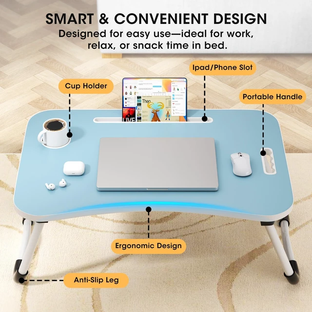 Alt view image 3 of 7 - Folding Lap Desk, 23.6 Inch Wood Laptop Bed Desk with Cup Holder, Portable Bed Table for Working Writing Reading & Eating for Bed, Sofa, Couch, Floor - Blue