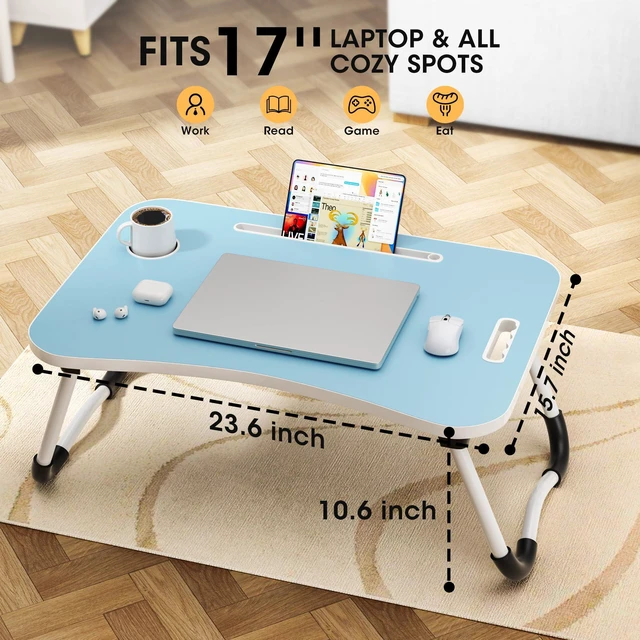 Alt view image 2 of 7 - Folding Lap Desk, 23.6 Inch Wood Laptop Bed Desk with Cup Holder, Portable Bed Table for Working Writing Reading & Eating for Bed, Sofa, Couch, Floor - Blue