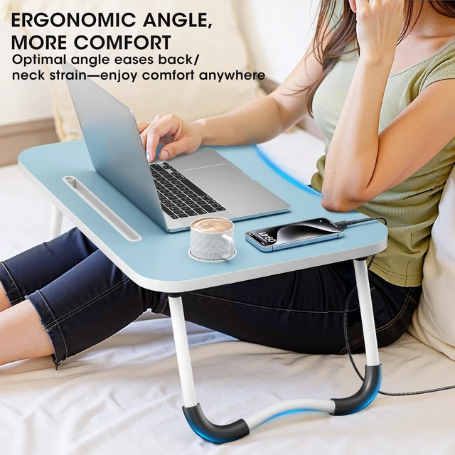 Alt view image 5 of 7 - Folding Lap Desk, 23.6 Inch Wood Laptop Bed Desk with Cup Holder, Portable Bed Table for Working Writing Reading & Eating for Bed, Sofa, Couch, Floor - Blue