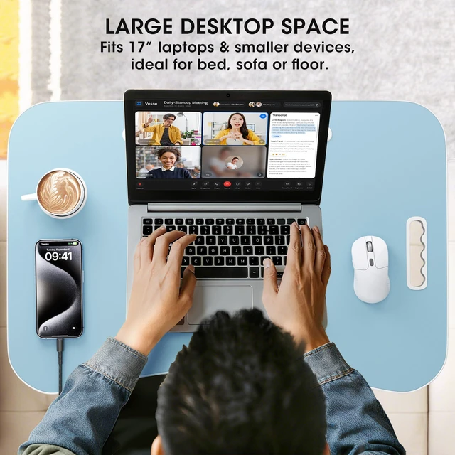 Alt view image 4 of 7 - Folding Lap Desk, 23.6 Inch Wood Laptop Bed Desk with Cup Holder, Portable Bed Table for Working Writing Reading & Eating for Bed, Sofa, Couch, Floor - Blue
