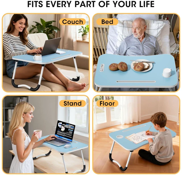 Alt view image 7 of 7 - Folding Lap Desk, 23.6 Inch Wood Laptop Bed Desk with Cup Holder, Portable Bed Table for Working Writing Reading & Eating for Bed, Sofa, Couch, Floor - Blue