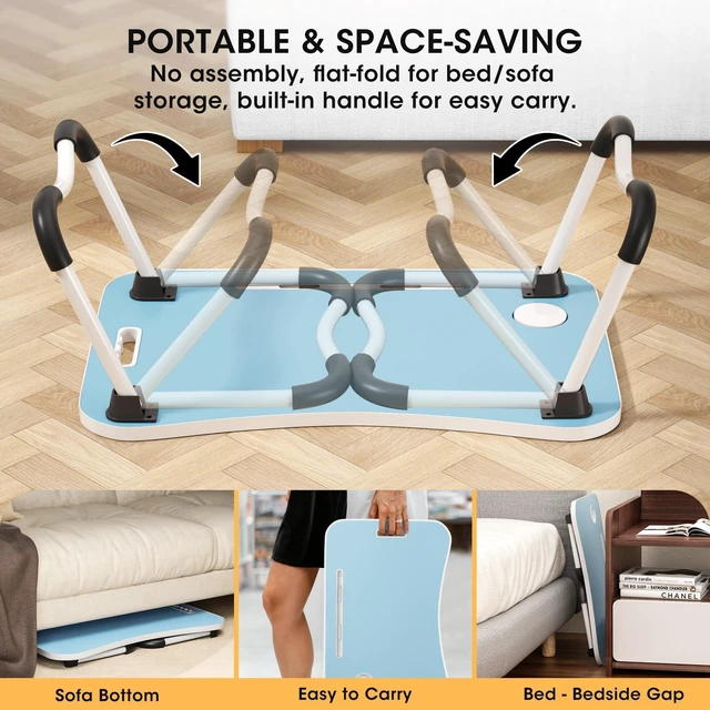 Alt view image 6 of 7 - Folding Lap Desk, 23.6 Inch Wood Laptop Bed Desk with Cup Holder, Portable Bed Table for Working Writing Reading & Eating for Bed, Sofa, Couch, Floor - Blue