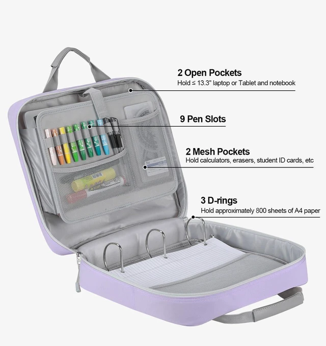Alt view image 2 of 7 - 4 Inch Zipper Binder 3 Ring with Shoulder Strap,Tough/Multi-Pocket Binder Bag with Laptop organizer for School Travel,Fit 13" MacBook & Tablet,800 Sheets Capacity,Water Resistant,Light Purple