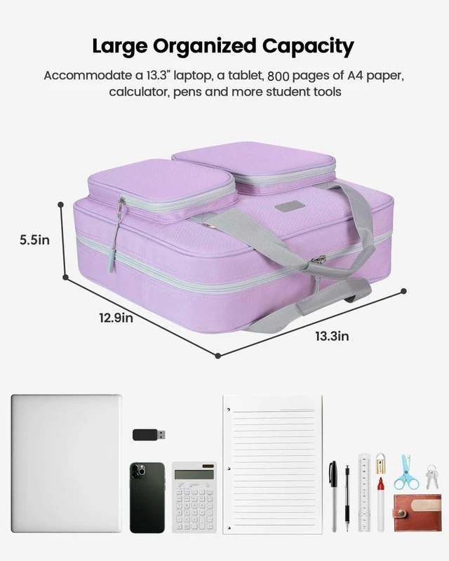 Alt view image 7 of 7 - 4 Inch Zipper Binder 3 Ring with Shoulder Strap,Tough/Multi-Pocket Binder Bag with Laptop organizer for School Travel,Fit 13" MacBook & Tablet,800 Sheets Capacity,Water Resistant,Light Purple